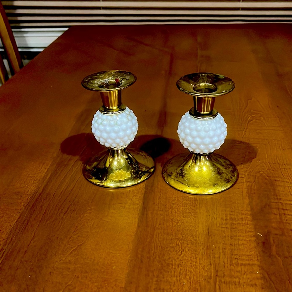 Vintage Mid-Century Hobnail Milk Glass Brass Candle Holder